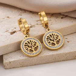 Fashion Gold Color 316L Stainless Steel Drop Earrings Hollow Design Life Tree Charm Earring Female Wedding Jewelry Gift
