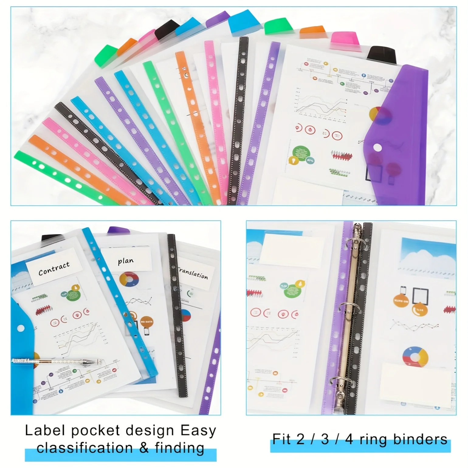 6pcs transparent plastic file bags - suitable for 2/3/4 ring file bags, office file bags, six colors/set (open horizontally)