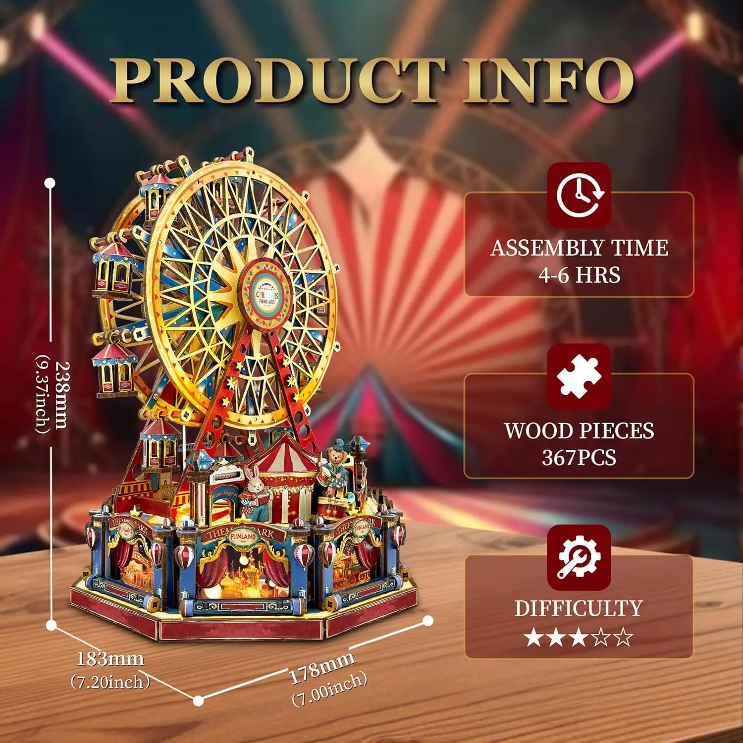 DIY 3D Wooden Puzzle Ferris Wheel,DIY Dollhouse Kit Circus Building Model,Christmas Decor Craft Sets with Lights and Music,Gifts