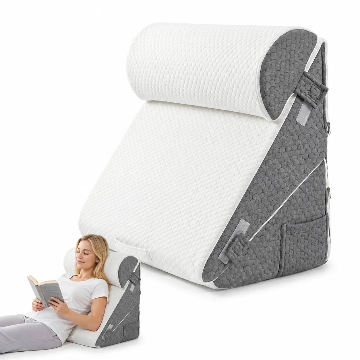 Adjustable Wedge Memory Foam Pillow Bed Rest Pillow for Acid Reflux Back Pain Relief Headboard Sleeping Snoring Back Support