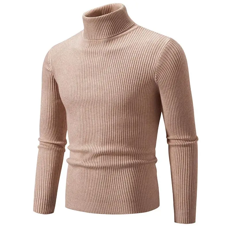 

Men's Autumn and Winter High Neck Bottom Shirt Slim Fit Long Sleeve Warm Stripe Solid Color Knitted Sweater Men