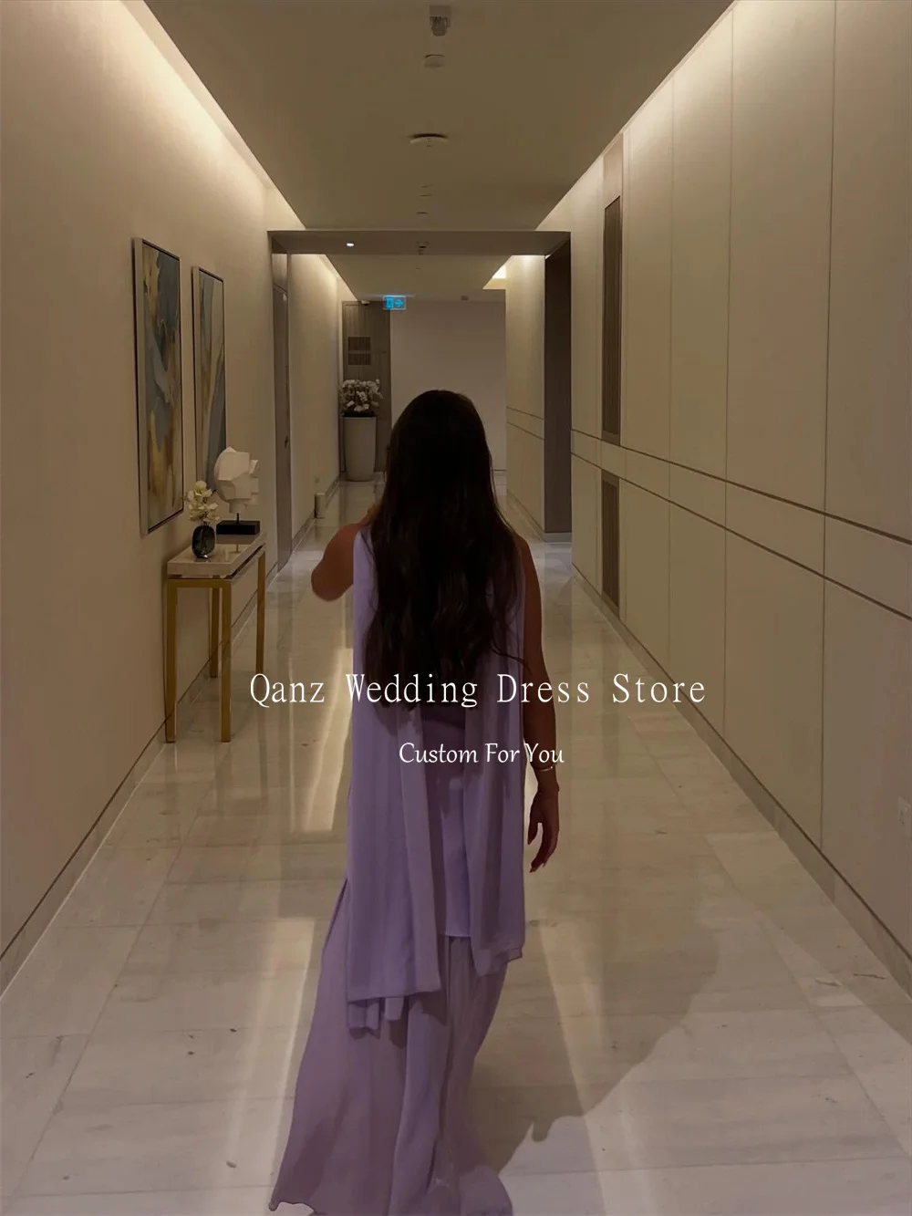 Qanz Lilac Evening Dresses Strapless Ribbons Satin And Chiffon Vestidos De Festa Backless Long Women Prom Dress Customized