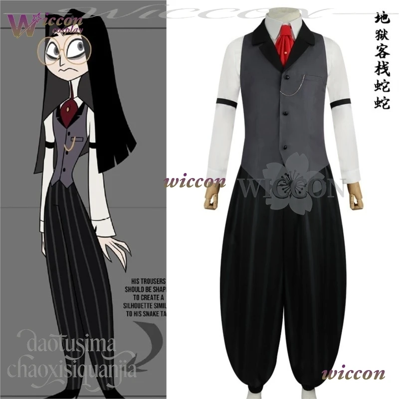 CosC Anime Hotel Cosplay Sir Pentious disfraz gótico chaleco gris oscuro corbata roja pantalones negros peluca traje Halloween Navidad demonio Hasbin