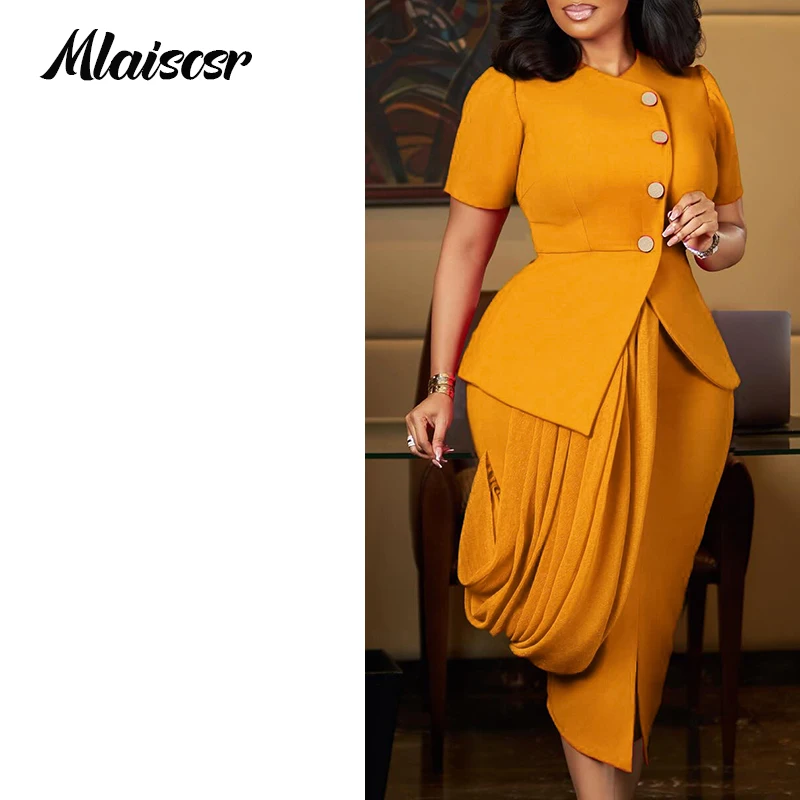 Mlaiscsr élégant paquet hanches moulante robes crayon pour femme col rond manches courtes boutons OL mi robe invité robes d'anniversaire