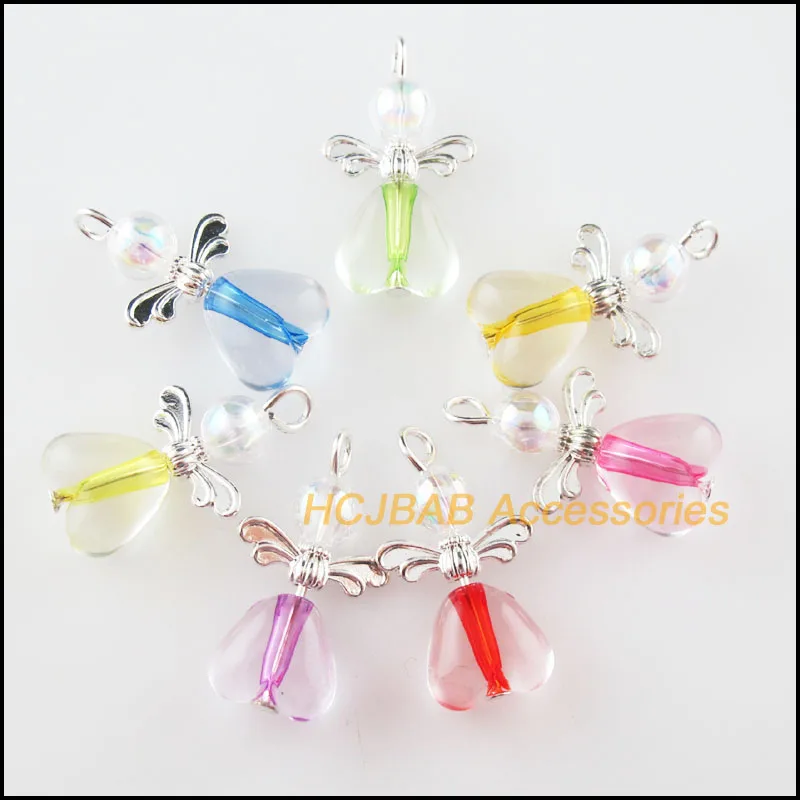 14 New Mixed Acrylic White Ball Beads Angel Charms Silver Plated Heart Pendants 14x23mm