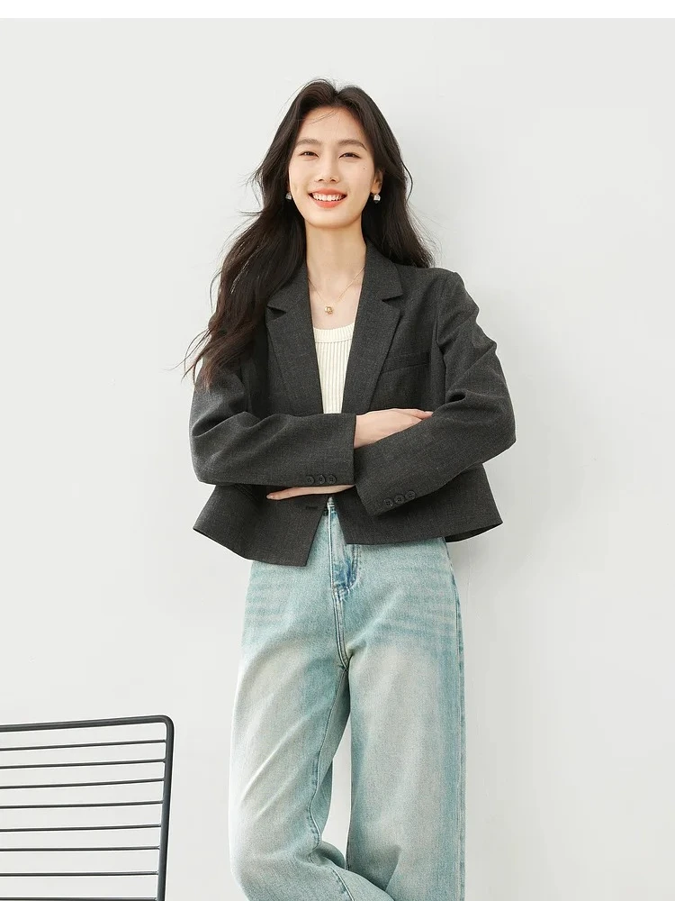 

VIMLY Women Cropped Blazer Jacket 2025 Autumn Solid Elegant Office Business Tailored Coats Notched Collar Female Outerwear M513