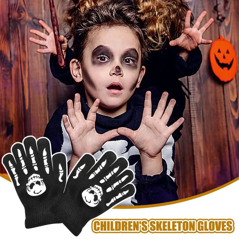 Kid Halloween Cosplay Skeleton Skull full Finger Glove Glow in the Dark Children Winter Mitten Halloween Costume Accessory Glove