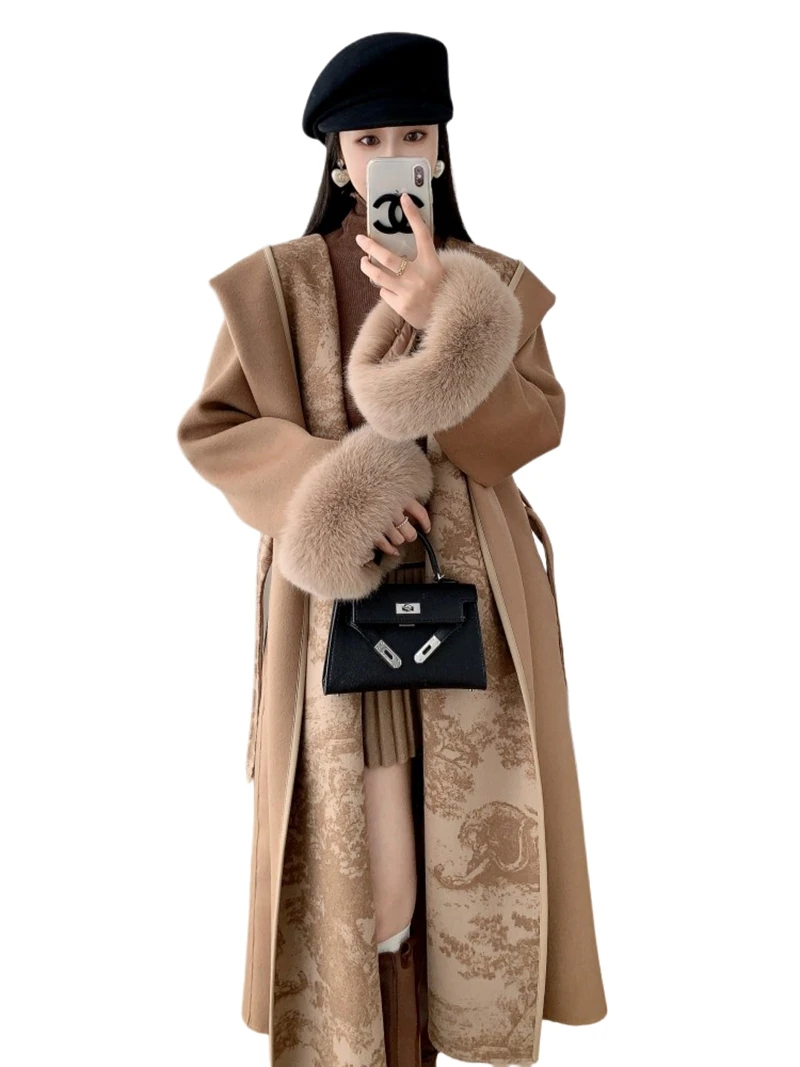 لوحة جديدة لغسل الحبر معطف من الصوف والكشمير على الوجهين، فرو الثعلب، فراء عصري وشابير وطويل