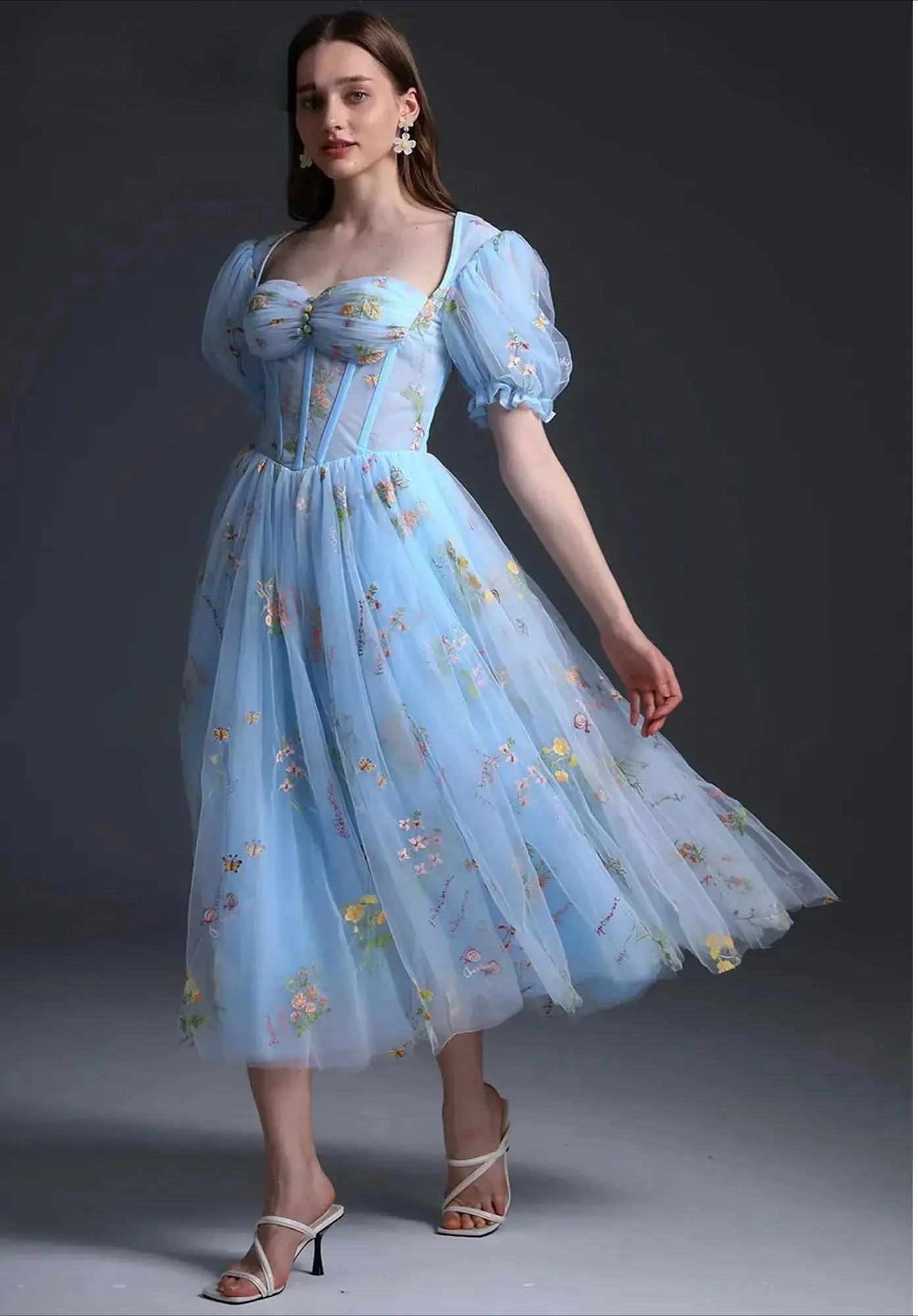 

Party Dresses Sweetheart Puff Sleeves Corset Floral Prom Dress Embroidery Applique Tea-Length Midi Dress Lace Up Evening Gown