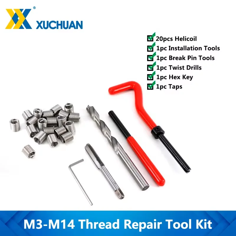 25-teiliges Gewindereparatur-Werkzeug-Set M3/M4/M5/M6/M7/M8/M10/M12/M14 zur Wiederherstellung beschädigter Gewinde, Schraubenschlüssel, Gewindereparatur-Bit-Set