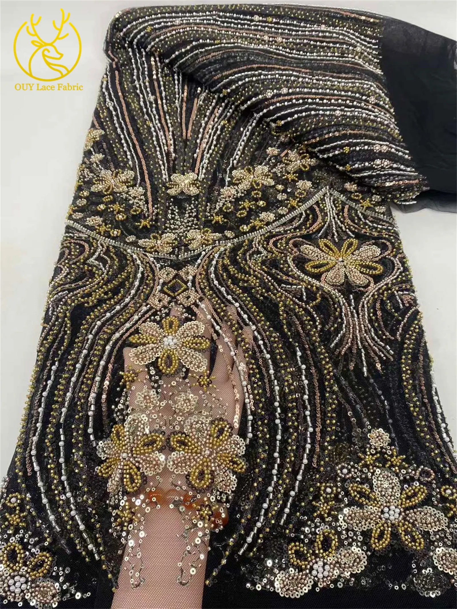 ブラウンアフリカビーズレース生地2025高品質フランスナイジェリア絶妙なスパンコールレース生地、ウェディングパーティードレス用5ヤード