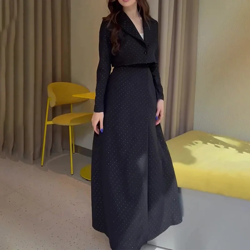 

Юбка Костюм Женский Комплект из 2 предметов Пальто Длинные юбки в горошек Ансамбль с отложным воротником на одной пуговице Офисные женские наряды Осень 2025