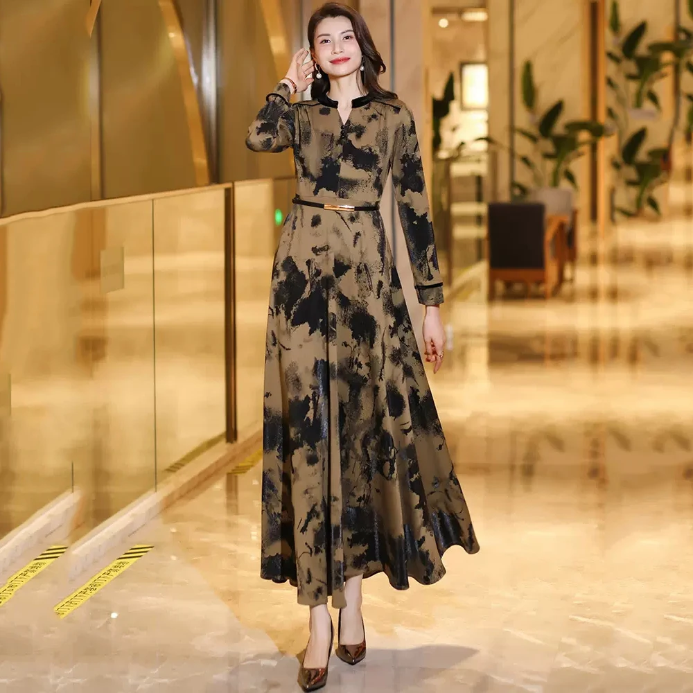 

New Women Chinese Style Print Long Dress Spring Autumn Fashion Small V-Neck Long Sleeve Slim Dress Elegant Overlength Dress