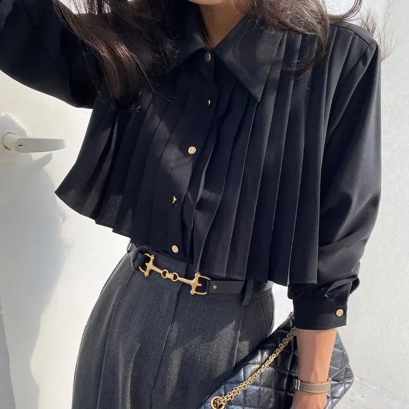 Heavy Industry Polo Pleated Black Shirts Women Clothing Korean Fashion Spring Short Shirt High Waist Casual Blouses Women Tops