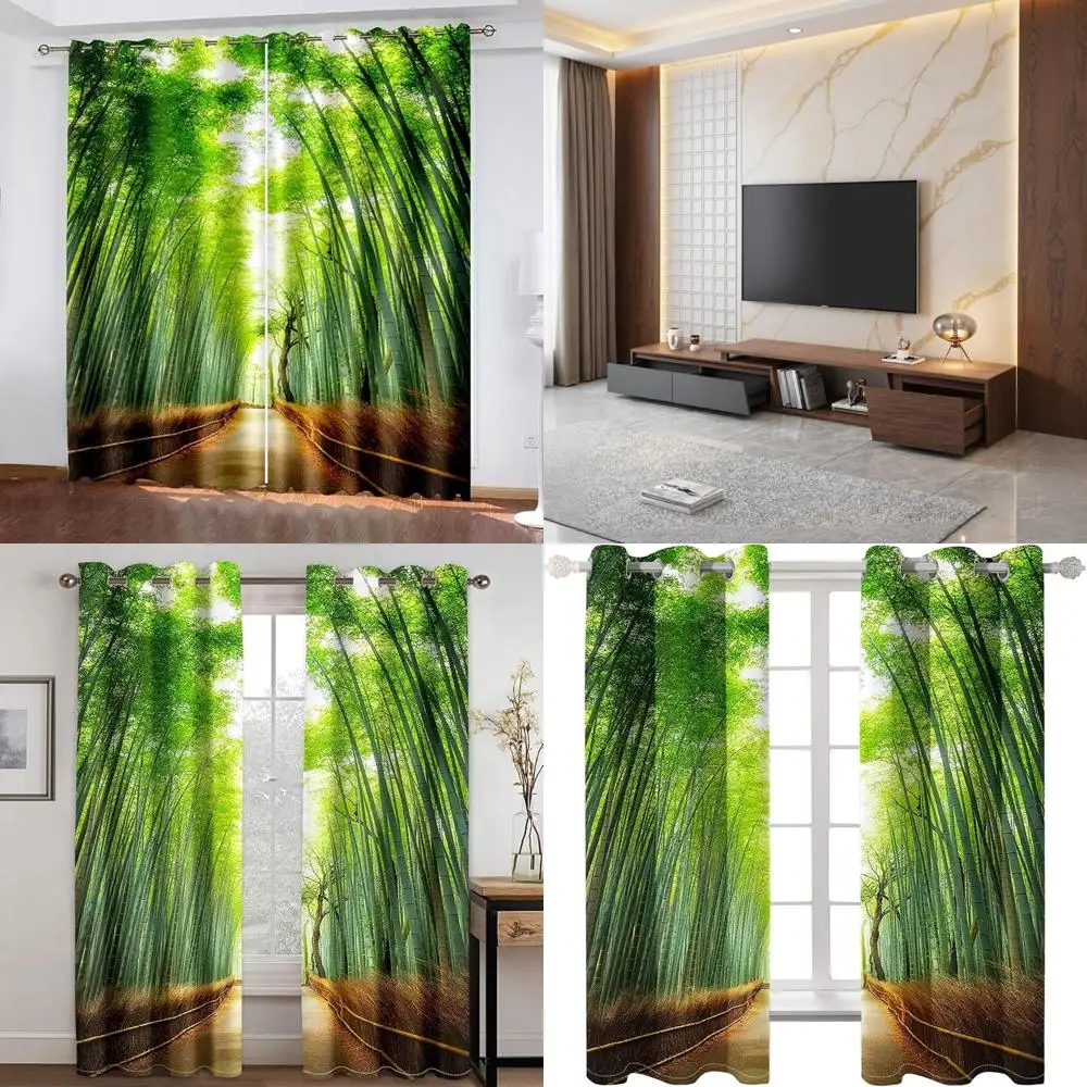 ผ้าม่านหน้าต่างห้องครัวโพลีเอสเตอร์สีเขียวและสีน้ำตาลพร้อมทิวทัศน์เส้นทางต้นไม้ 92 กว้าง x 84 สูง แพ็ค 2 ชิ้น