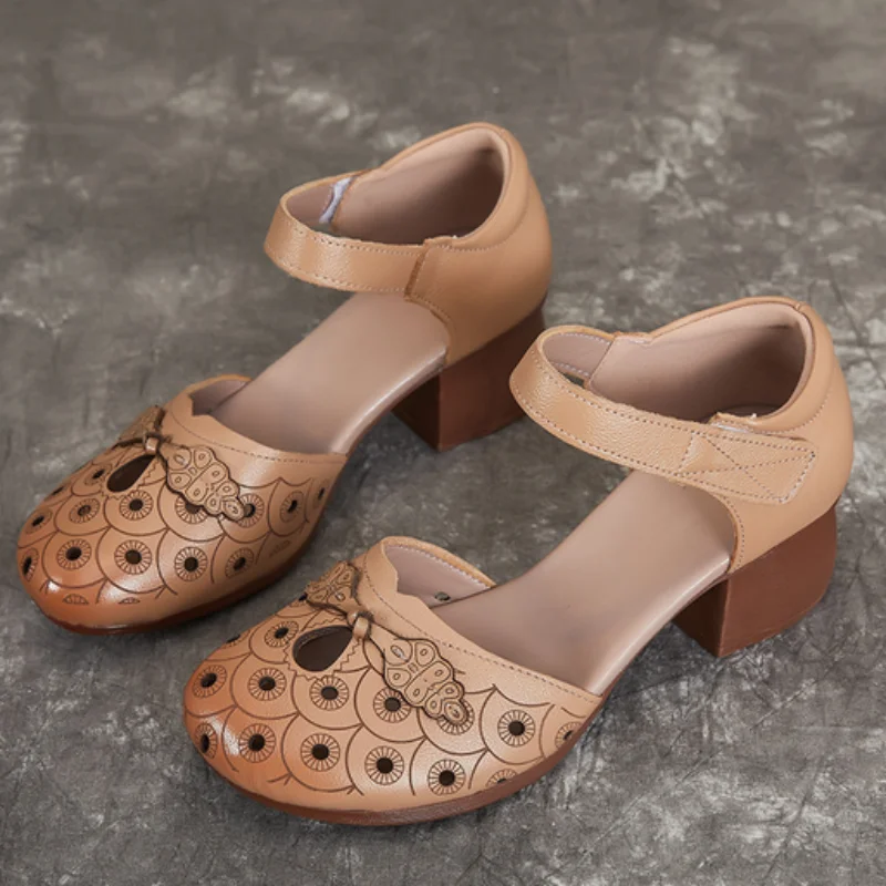ZXRYXGS Classic Printing Side Air Round Toe Sandals Genuine Leather Shoes 2025 Summer Thick Mid Heel Women Sandals Banquet Shoes