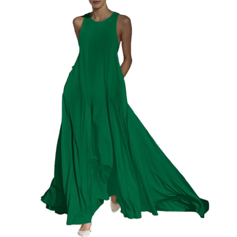

Uoozee Women's Elegant Solid Color Sleeveless Maxi Dresses Loose Round Neck Pockets Floor-Length Party Evening Long Dress