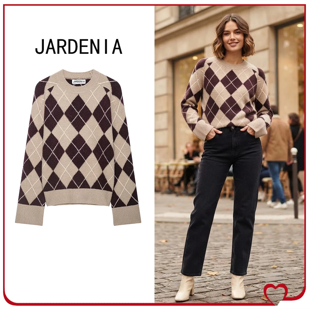 Women's Soft Argyle Knit Sweater New Autumn Multicolored Sweater Stylish Round Neck and Long Sleeves Pullovers with Argyle Print