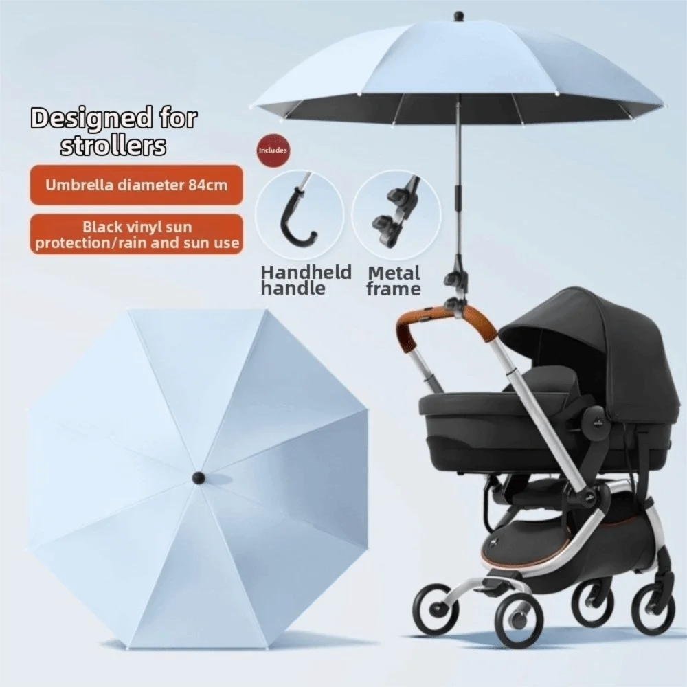 Adjustable UV Protection Umbrella with Clamp 360 Degree Pram Cover Umbrella Rainproof 2-in-1 Design Baby Stroller Umbrella