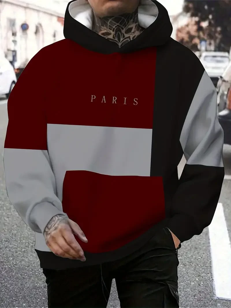 Men's Hoodie Color Block Paris Print Sweatshirts Harajuku Hooded Shirt Y2k Pullover Casual Clothes Streetwear Top Men's Clothing