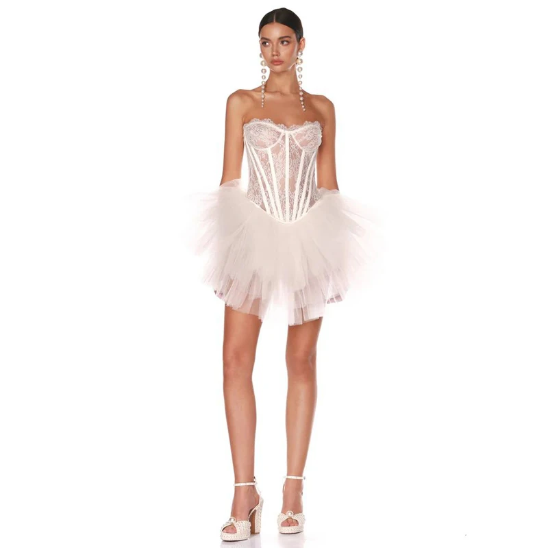 New fashion and sexy white strapless dress with a rope tied back, Women\'s temperament hem ruffled party dress