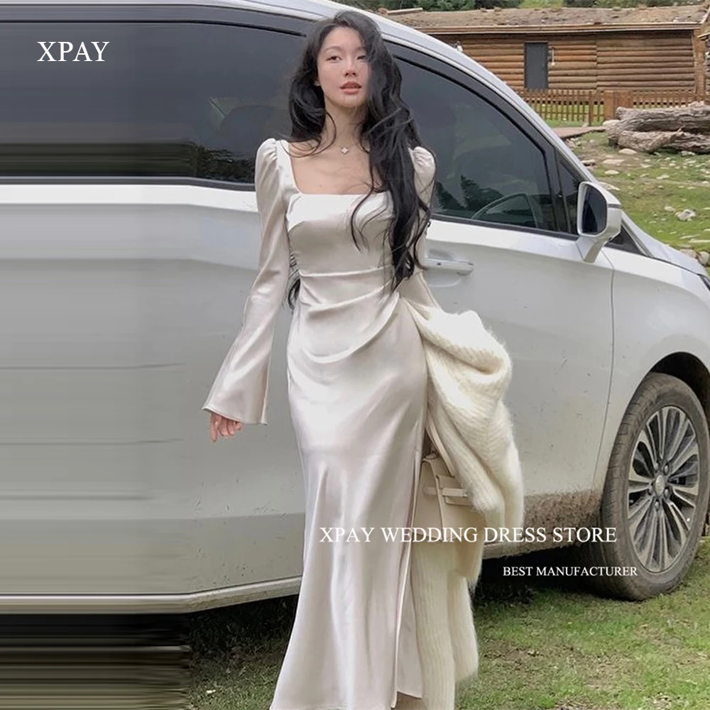 

XPAY Simple Mermaid Korea Evening Dresses Formal Party Dress Long Sleeves Square Neck Floor Length Prom Gowns Occasion Event