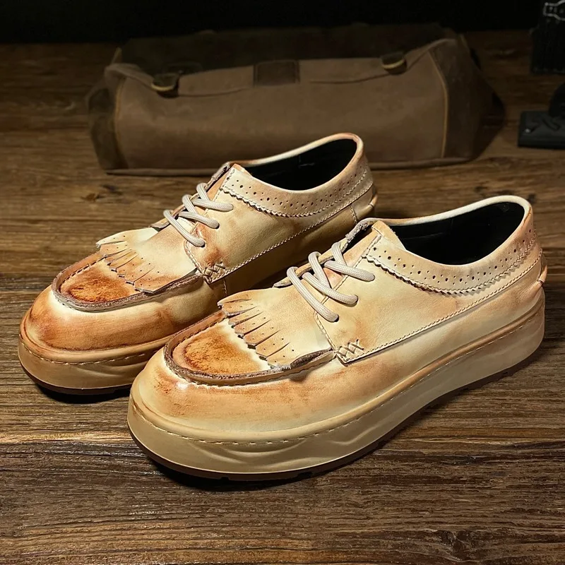 

Handmade Genuine Leather Casual Board Shoes Men's Sneakers Cowhide Round Toe Lace Up Thick Sole Sport Derby Shoes Male
