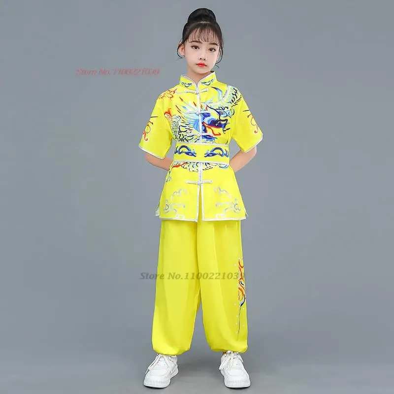 2024 chinese children traditional tai chi wushu kung fu martial arts set vintage performance suit dragon print kung fu suit