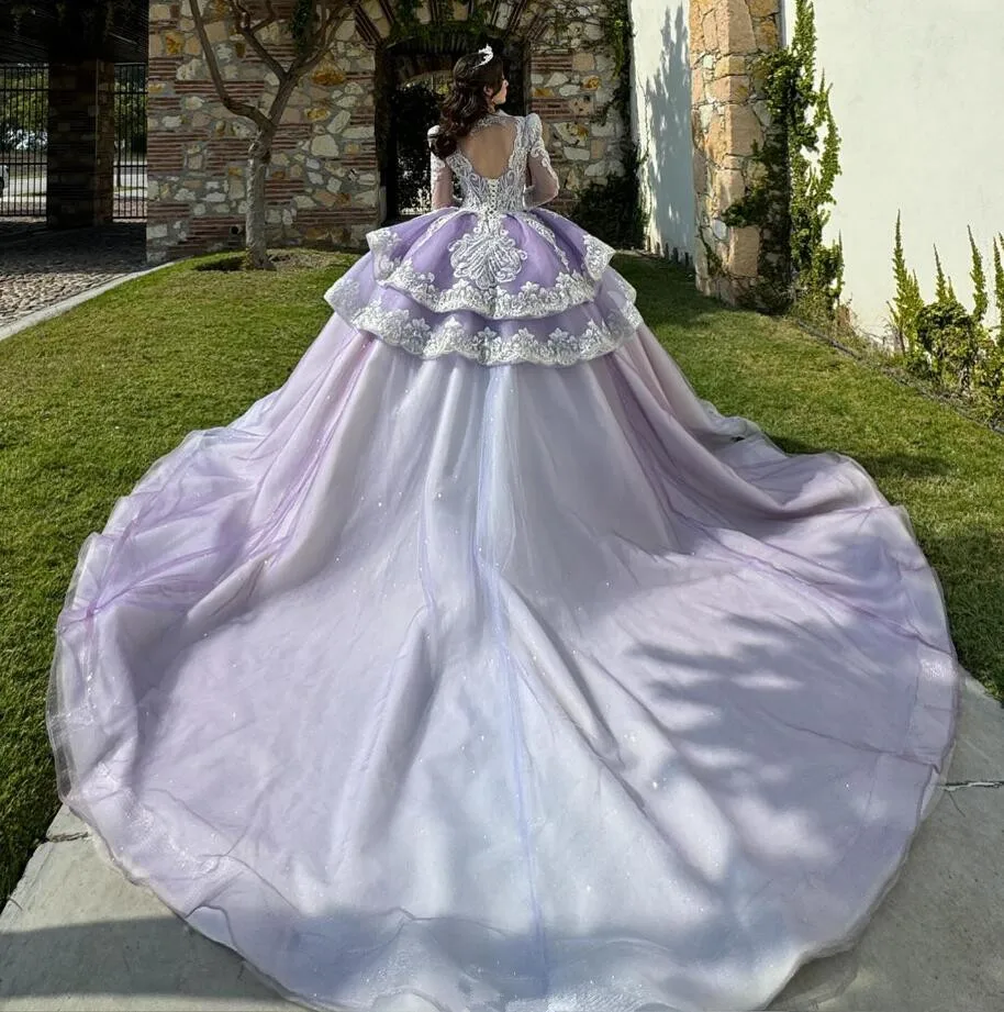 Lila Lavendel Print cess Quince anera Kleider Langarm Glitter Applique Spitze Schößchen Vestidos de 15 Años Quinceañeras 2024 Lujo