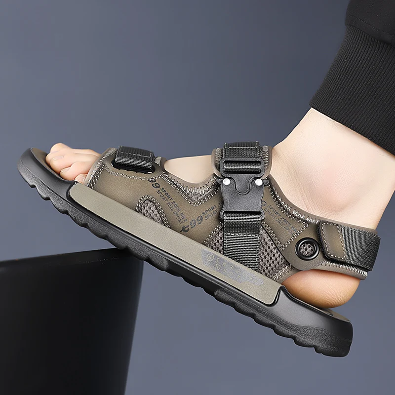 Summer British Style Men Sandals Leather Lightweight Open Toe Casual Outdoor Walking Sandal Fashion Beach Slippers Size 38-44