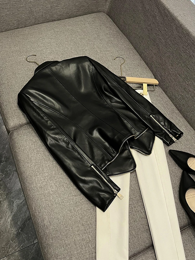 Faionable Cappotto Jaet in pelle con dettagli con cerniera doppio petto slim fit A20825 Cappotto lungo in pelle PU da pendolarismo Sle