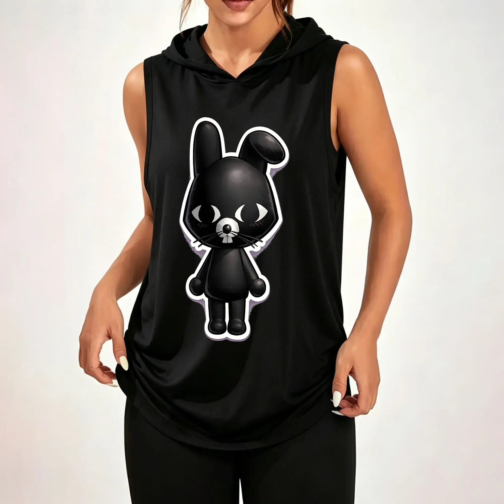 Women's Sleeveless Hoodie, Cute Dark Cartoon Black Bunny Sticker Style Graphic Print Casual Hooded Tank Top
