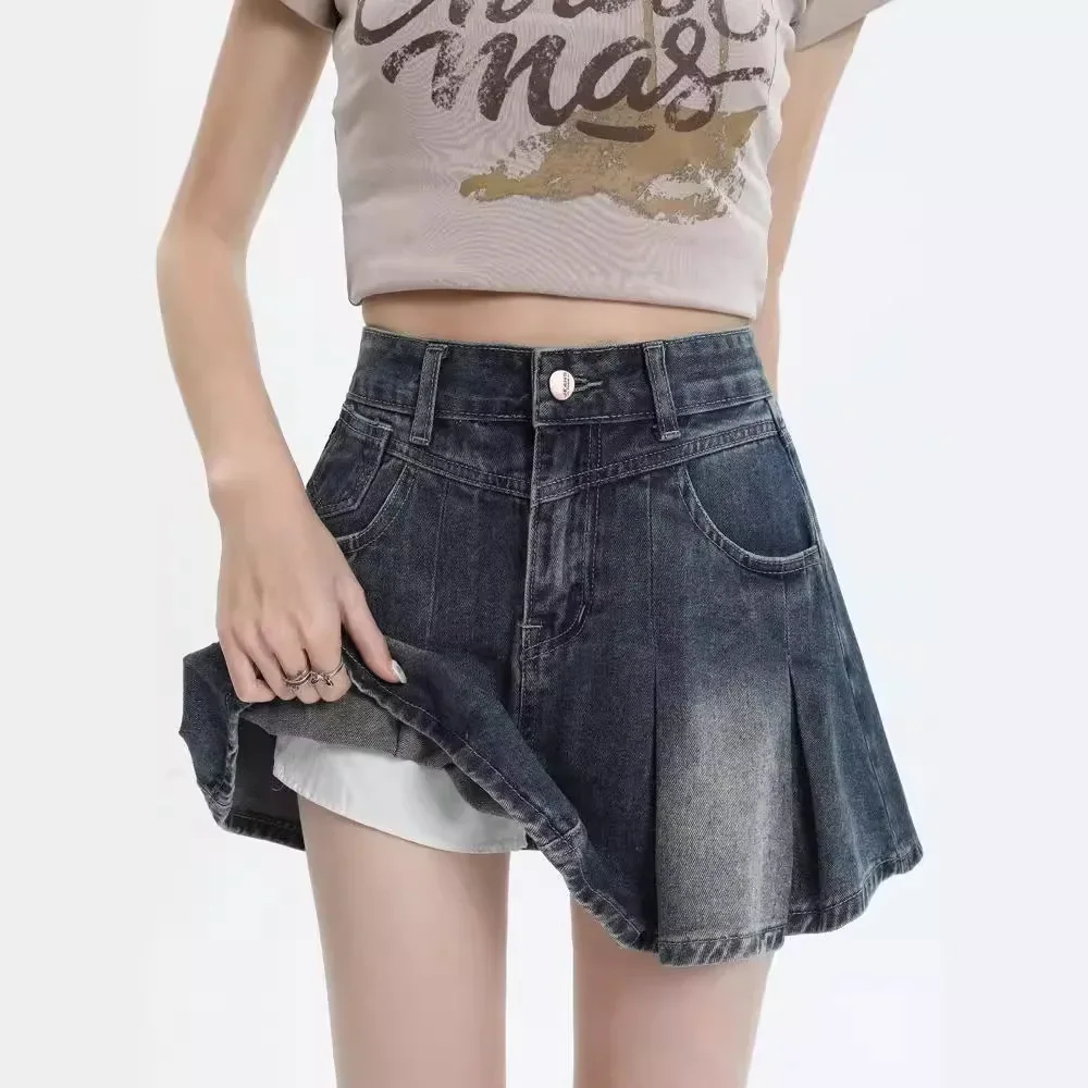 Skirt Denim Women Solid High Waist Skirt Washed Loose Folds Spliced Above Mini Skirt Basics Pleated Distressed Zipper Fly