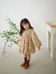 2024 Winter New Girls Dress Long Sleeve Ruched Print Floral Khaki Designer Girls Princess Dress Vestido 18M-7T