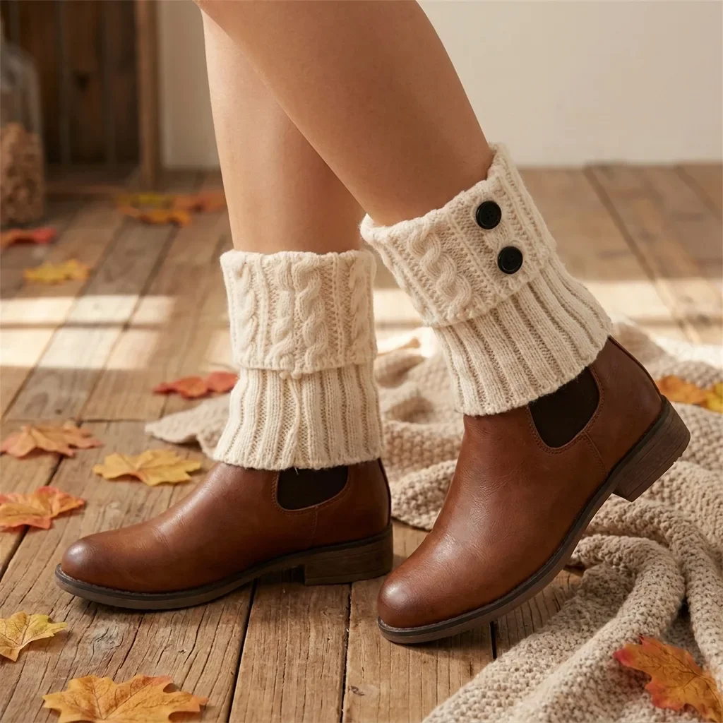 

Button Decor Foldable Cable Knit Boot Cuffs Elastic Thermal Ribbed Leg Warmers Vintage Women Winter Boot Toppers Fashion Ankle Leg Accessory