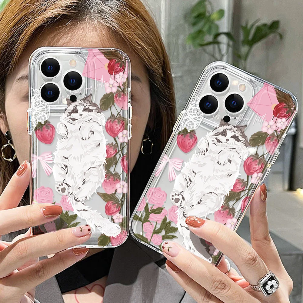 Cat Strawberry Phone Case For Samsung Galaxy S25 S23 S24 S22 S21 Note 20 Plus Ultra FE A15 A16 A54 A53 A35 A34 A55 A33 5G Cover