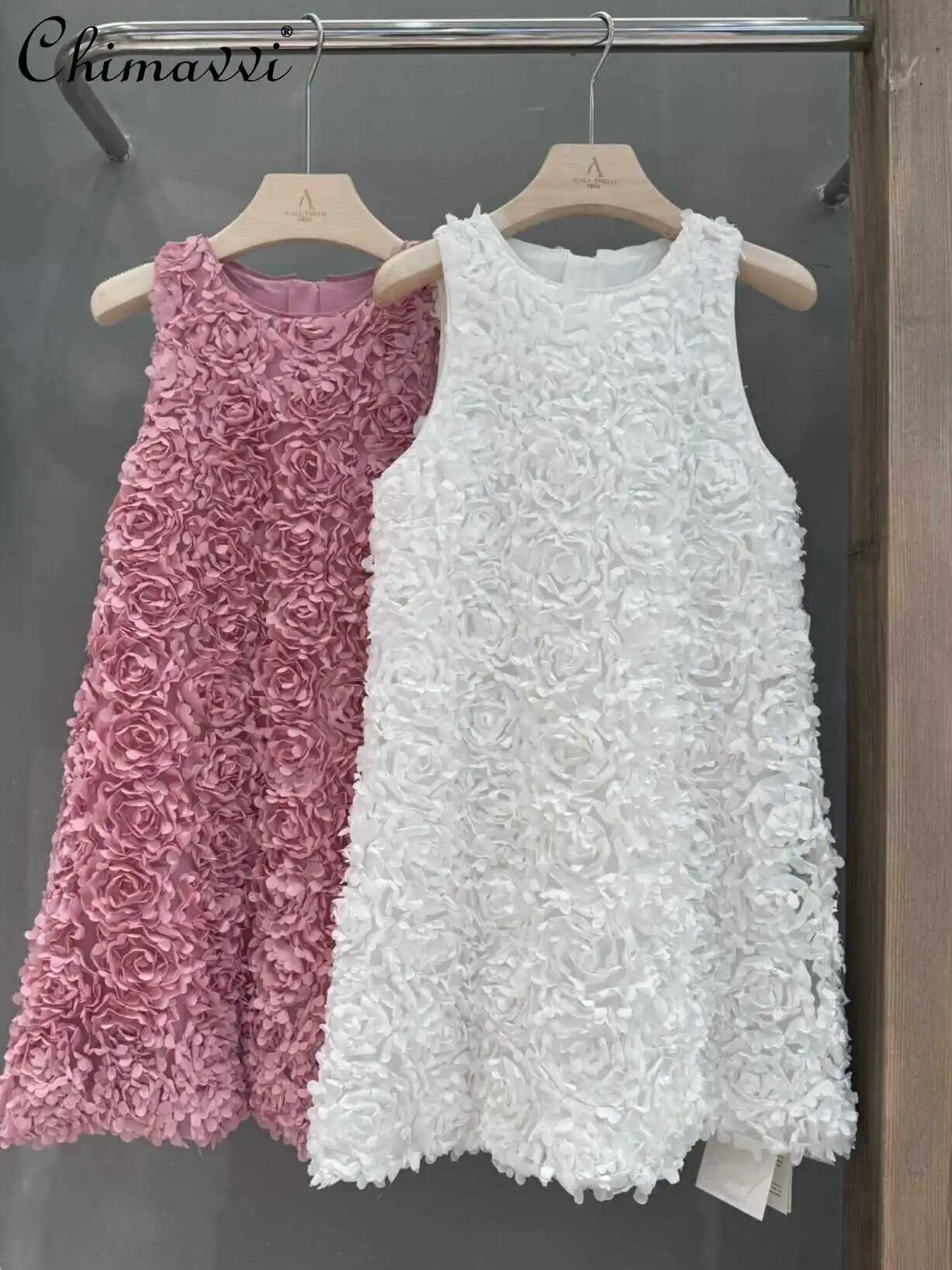 

Ballet Style 3D Rose Petals Fairy Girly Style A- Line Dress Summer New Fashion Round Neck Sleeveless Loose Mini Dress Women