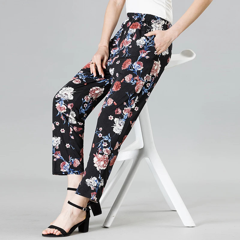 جديد سراويلي حريمي XL-8XL الصيف النساء عادية عالية الخصر السراويل المطبوعة مرونة الخصر منتصف العمر النساء السراويل الصيف قيعان