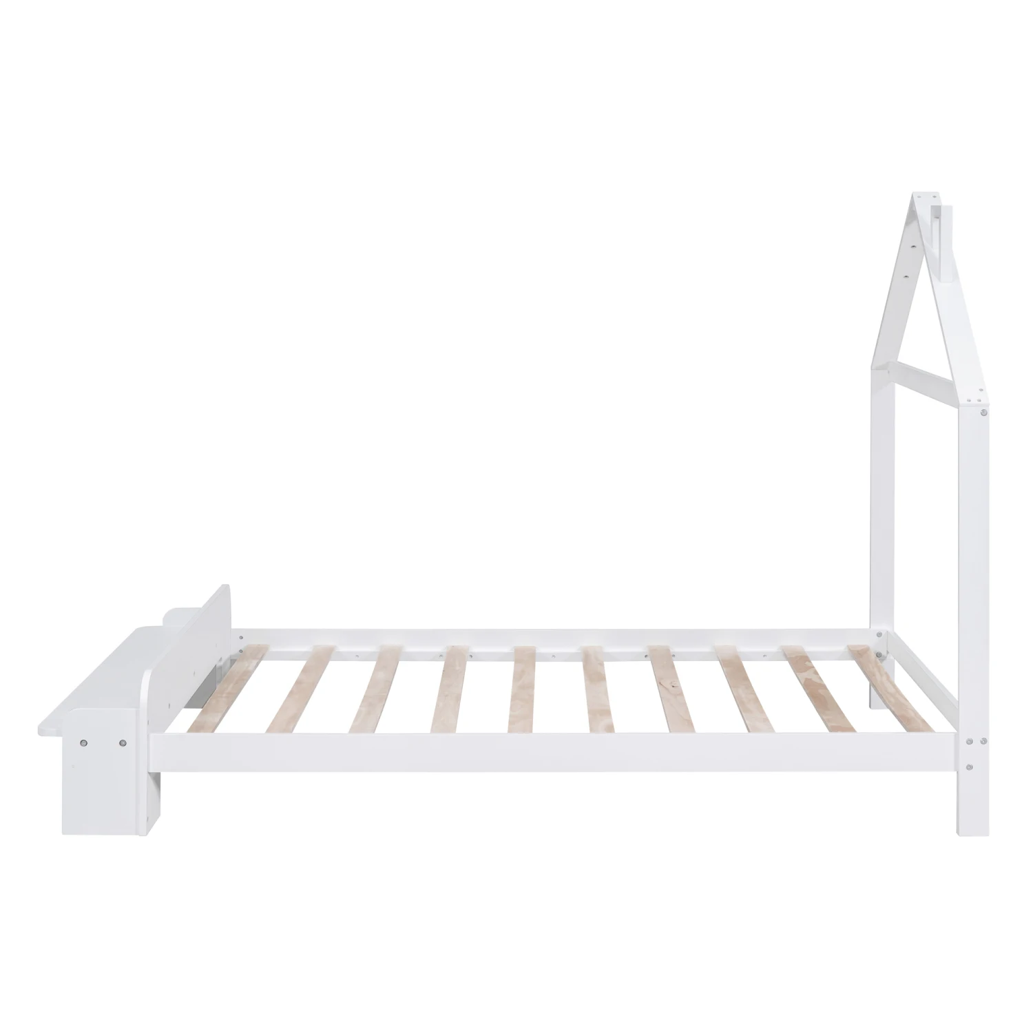 Cama de plataforma de madeira de tamanho completo com cabeceira em forma de casa e banco de estribo, branco