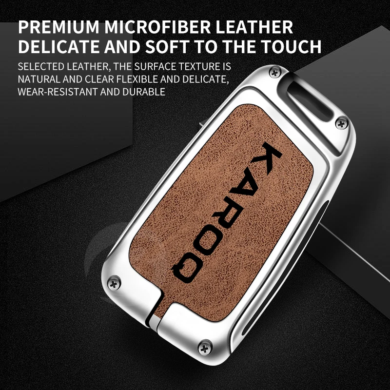 Zinc Alloy Leather Car Remote Key Case Cover Holder Shell Fob for Skoda Karoq Protection Key Chain Buckle Keyless Accessories