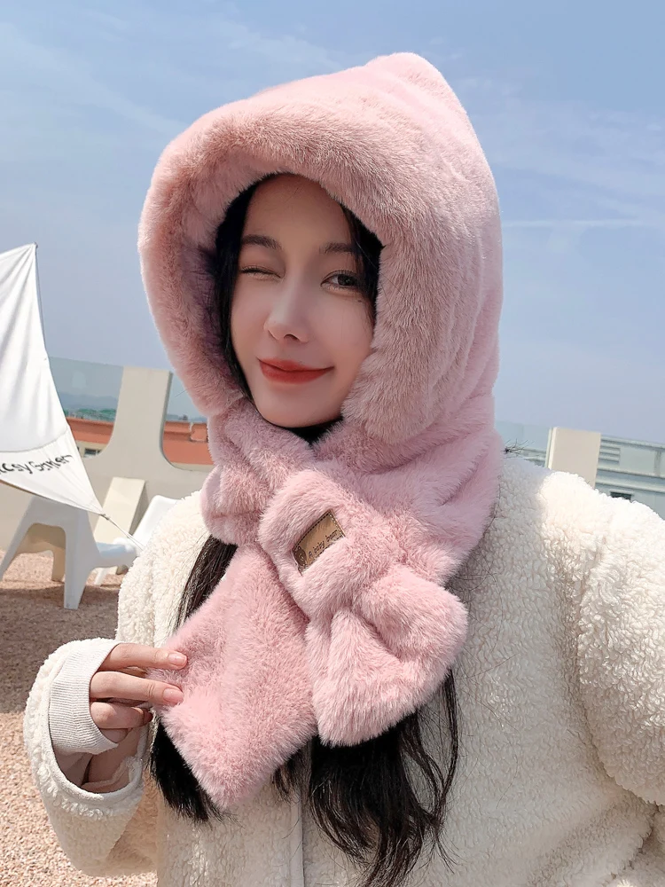 Scarf Hat Integrated Adult Style Autumn and Winter Warm Plush Thickened Imitation Rabbit Fur Cute Ear Protection Couple Style