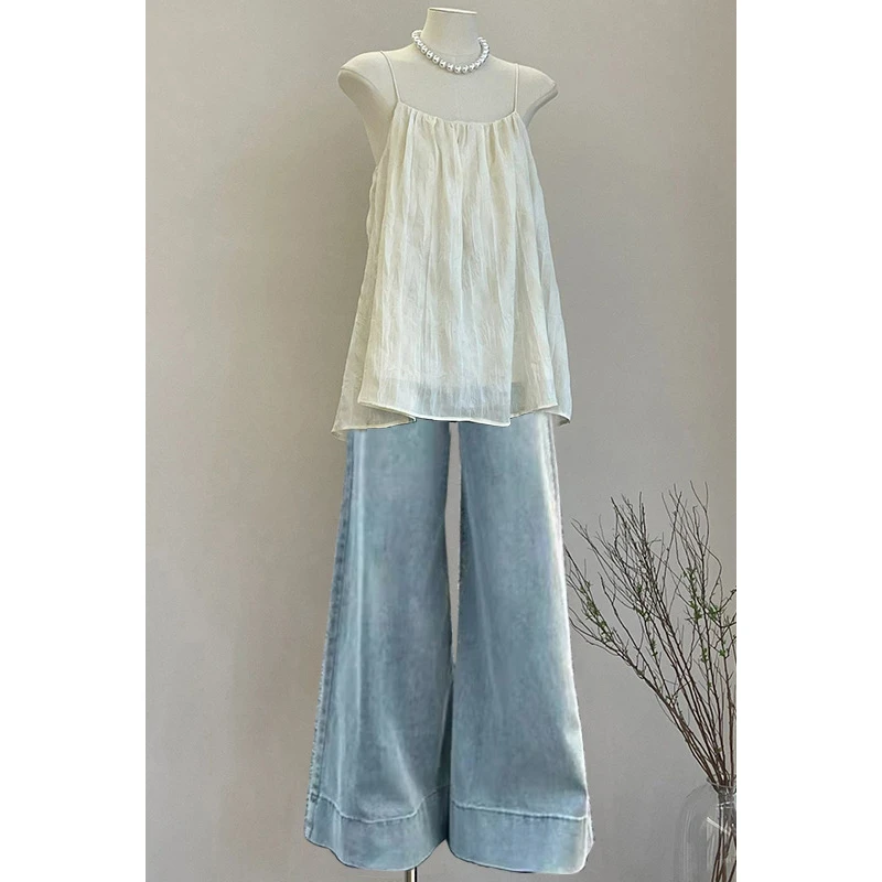 

Retro High Waist Wide Leg Denim Jeans Women's Early Autumn New Loose Drapey Elastic Floor-Length Skirt Pants Bell Bottoms