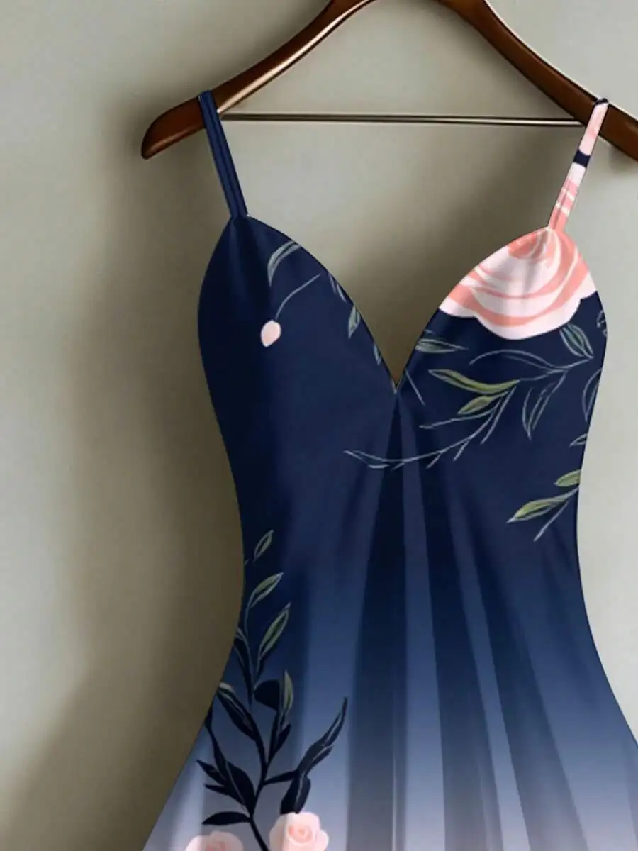 

Elegant Floral Print Slip Dress Rose Pattern V Neck Summer Evening Party Dress