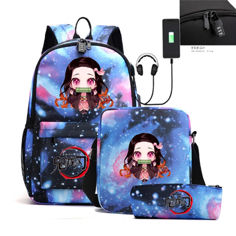 3pcs Demon Slayer Nezuko Backpacks Teens Nylon Rucksack Girl Boys Travel Backpack Women Shoulder Bag High School Schoolbags