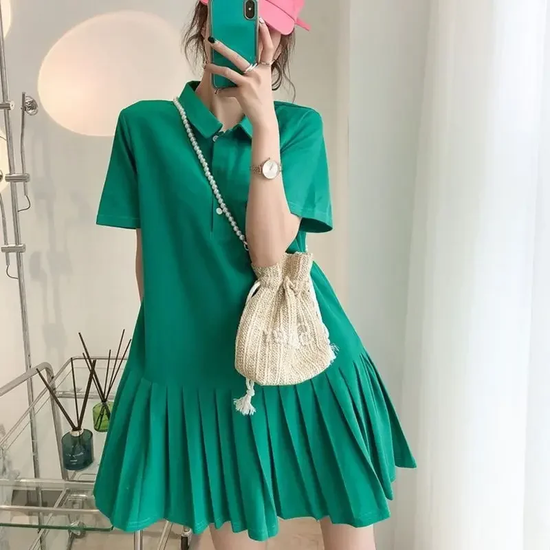 Summer New Loose Pleated Skirt Short Sleeve Polo Neck All-match Solid Color Plus Size Mini Dress Casual Women Clothing CY371