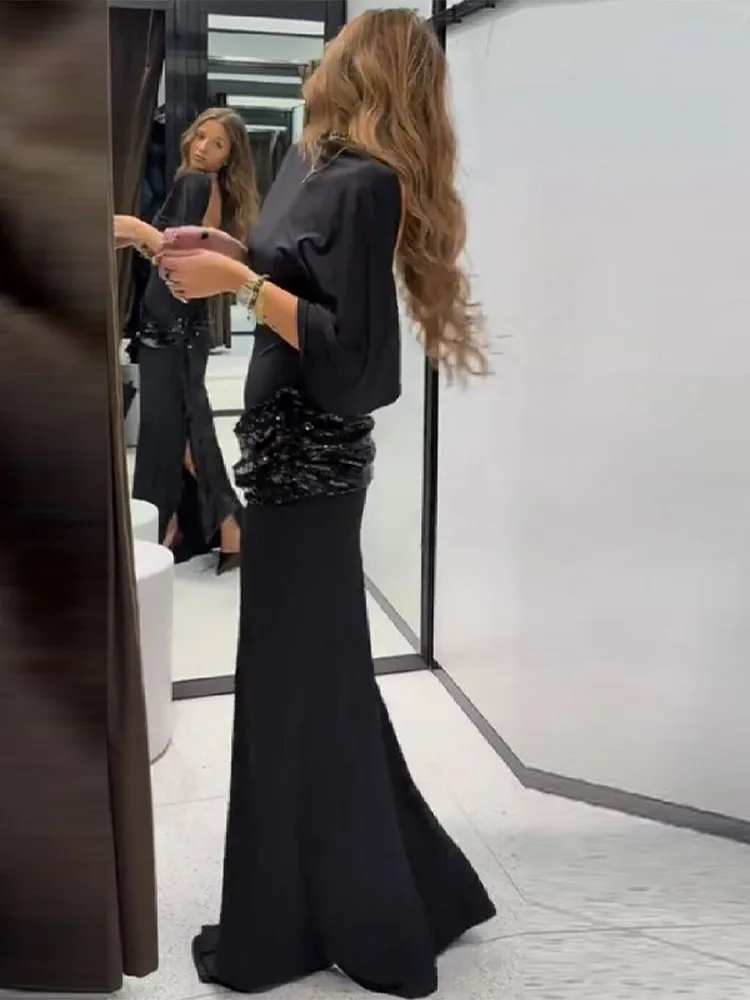 エレガントな新作スパンコールウエストバンドドレス、ワイドショートスリーブ、バックレス、ブラック、フロア丈スカート、ラグジュアリーな女性用イブニングデートロングガウン