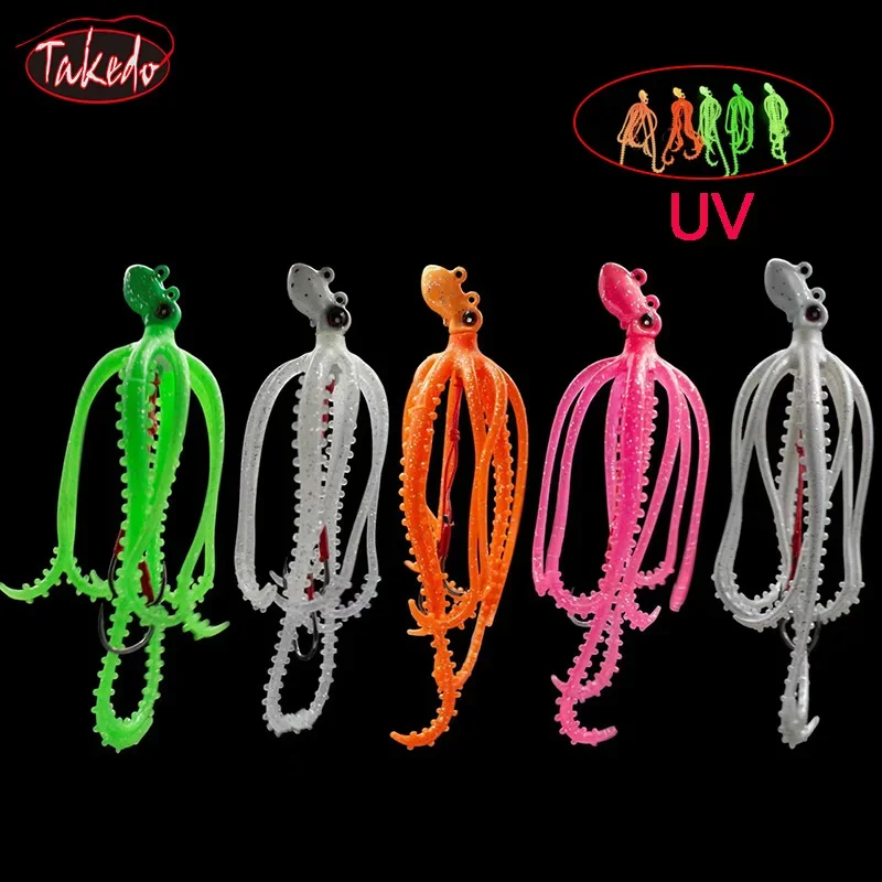 TAKEDO 20G Sea Fishing Octopus Lure  Jig Head Bait TPR Octopus Skirt Soft Lures Trolling Luminous  Artificial Bait For Bass Tuna