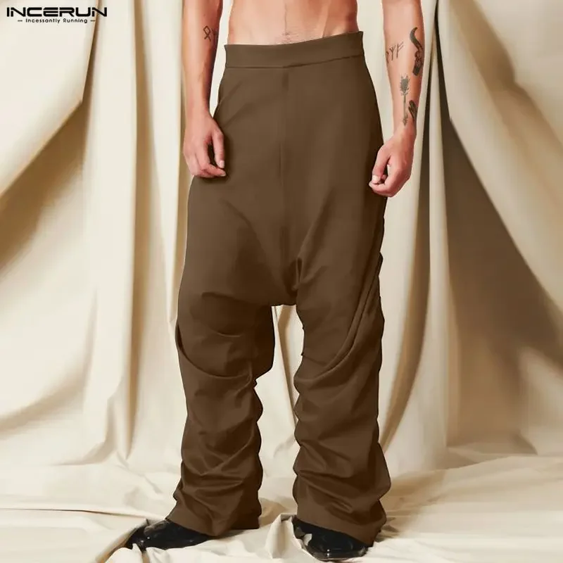 Men Pants Solid Color Pleated Elastic Waist Joggers Pantalones Streetwear Pants Baggy Fashion Casual Trousers For Man INCERUN