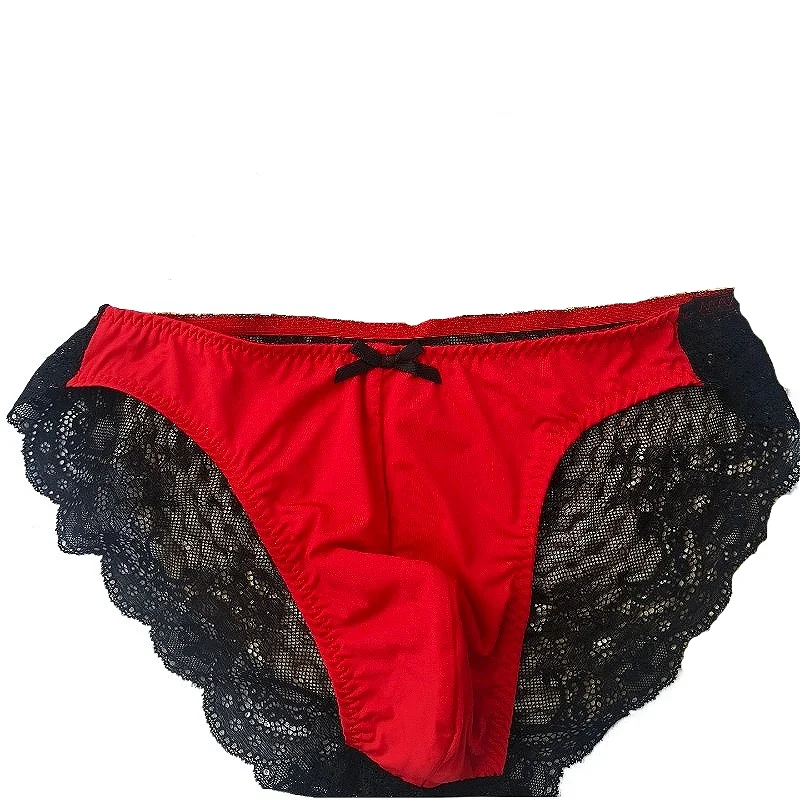 Red Mens Underwear Sexy Transparent Lace Jacquard Men Pouch Briefs Ice Silk Seamless Bikini Hombre Lingerie Erotic Male Panties