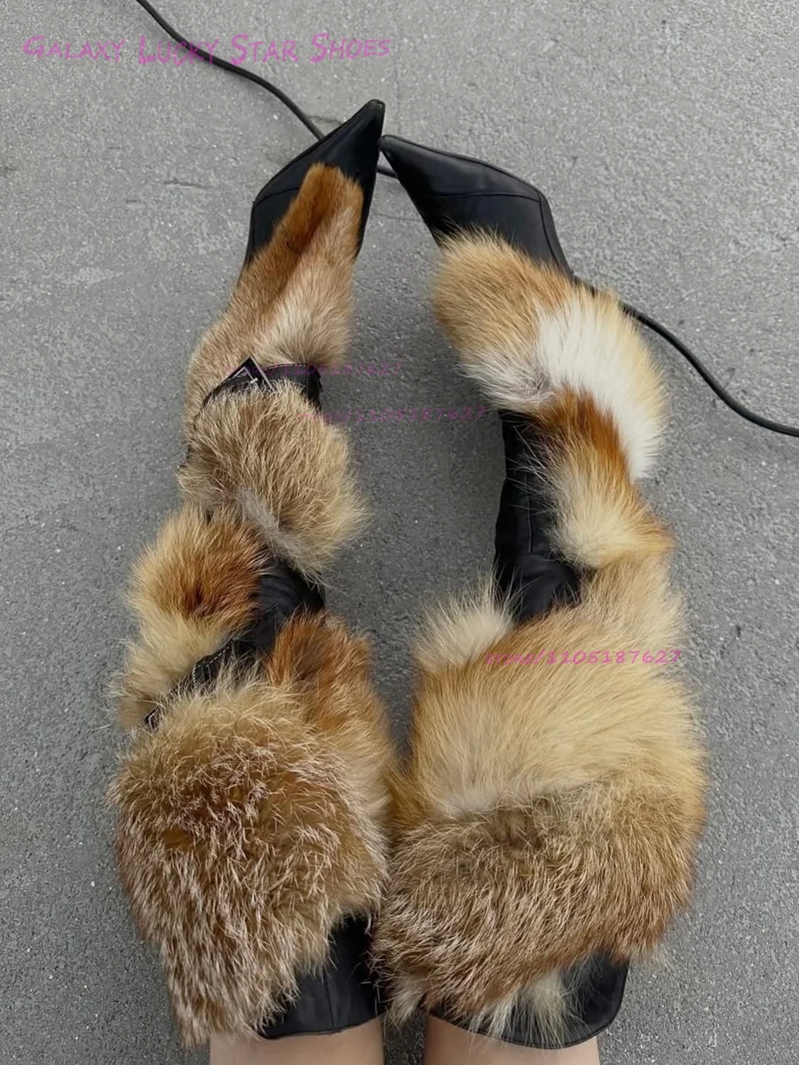 

Brown Plush Fringe Black Leather Boots Women Knee Straps Tassel-Tie Pointed Toe Stiletto Heels Cool Feathers Party Concise Shoes